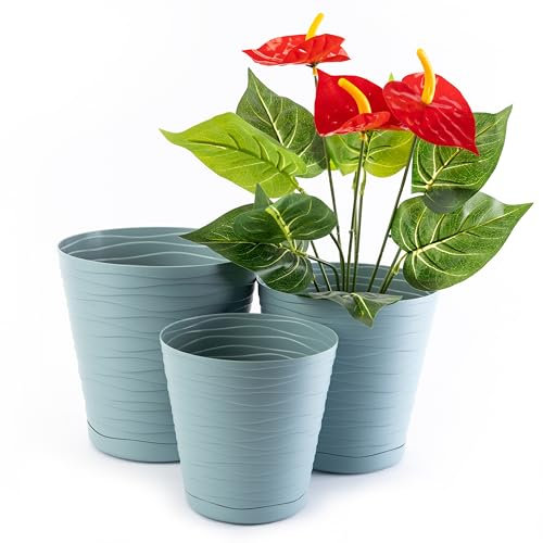 Home Garden Ornaments Tedi Vaso per Piante da Interno Verde Set di 3 Misure 13/15/17 cm - Vaso da Esterno e Sottovaso Integrato con Fori di Drenaggio - Vasi per Piante da Esterno (Verde)