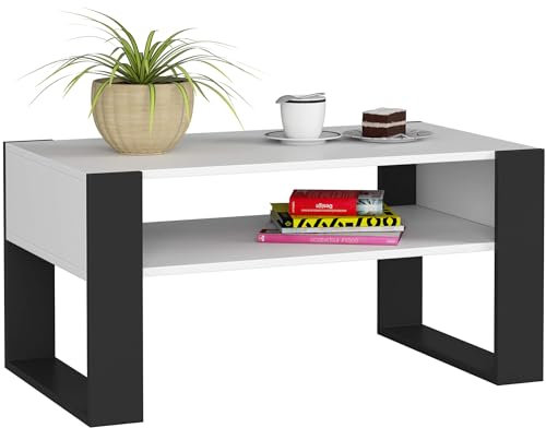 AKORD Couchtisch Holz DOMI mit einem Regal | 92x45x53cm | Für Wohnzimmer | Schlafzimmer Schrank | Minimalistisch Modernes Design | Schichtstoffplatte 16mm | Weiß + Schwarze Beine