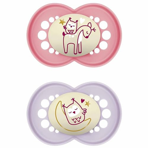 MAM Night 18-36 Months | Soother 2PK - Pink Baby Soothers with Self Sterilising Travel Case, Newborn Essentials, Glow in The Dark (Designs May Vary)