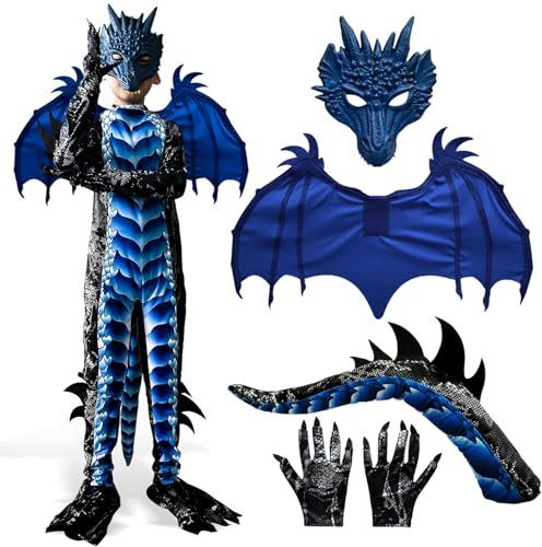 Drachen Kinder Kostüm Karneval Cosplay: Kind Jungen Drachenkostüm Drachenflügel und Maske - Halloween Drachen Kostüm Kinder Drachenanzug für Jungen Faschingskostüme (Blau, S 5-7 Jahre alt)