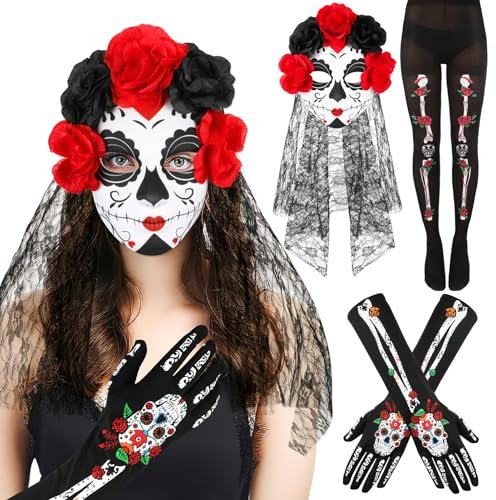 HOWAF Halloween Kostüm Dia De Los Muertos Set - Haarreif Mit Schleier, Maske, Skelett Handschuhe und Strumpfhose - Tag Der Toten Verkleidung