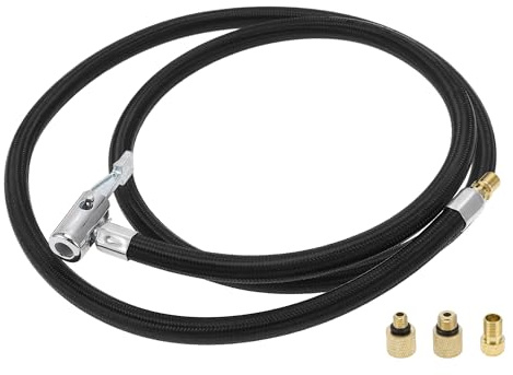 A ABSOPRO Tire Inflator Extension Tube 51.18inch M8x0.8 15.5mm OD Black | Durable, Air Pump Extend Hose Adapter, Tire Valve, with Thread Adapter, Nylon, 1 Set