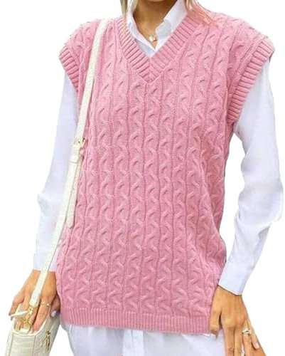 Pull Sans Manches Femme Uni en Tricot Épais - Col en V - Câblé - Doux et Décontracté - Grande Taille 36-50, Rose, 40-42