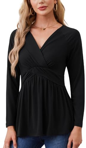 TIANZHU Womens V-Neck Long Sleeve Tunic Tops Wrap Baby Doll Shirt Empire Waist Low Cut Flowy Hem Blouse for Causal, Black, Size 16-18