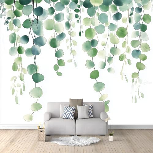 Vlies Fototapete 200 x 140 cm (B x H) Wanddeko Vliestapeten Grün schlafzimmer tapete hinterm bett Aquarell Eukalyptus Weinrebe fototapete schlafzimmer Panorama-Tapetenwandbild mit Motivdruck