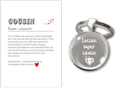 Porte-clés cabochon- Carte définition Cousin - Cadeau pour Homme personnalisé personnalisable texte Idée Cadeau Famille Anniversaire ou Noël, Accessoire Homme (COUSIN)