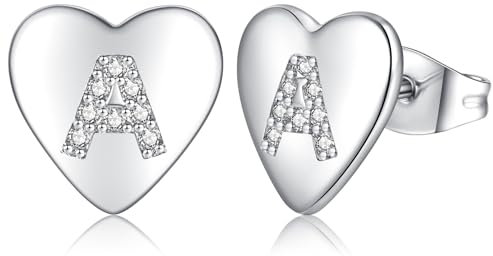 Ohrringe Silber 925 Ohrstecker Silber 925 für Damen Mädchen Kinder, Klein Herz Ohrringe Silber Buchstaben Ohrstecker mit Zirkonia, Schlafen Knorpel Ohrstecker 10mm (silber-A)