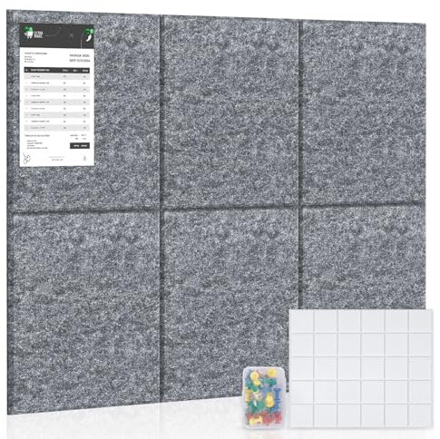 Uniclife 6 Pack Felt Wall Tiles 30 cm x 30 cm High Density Felt Bulletin Boards for Bedrooms, Dark Gray Pinboard Tack Boards for Office Home School Wall Panels with Pushpins & Removable Adhesive Tabs