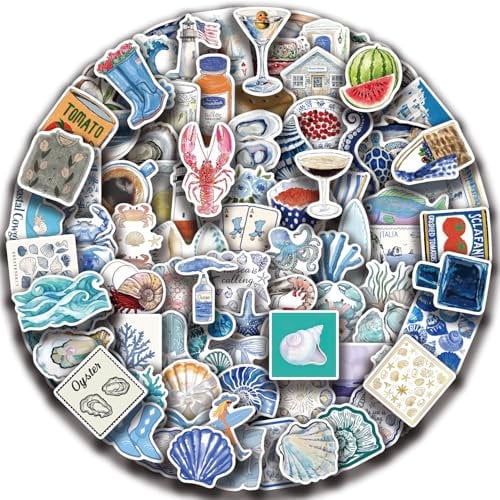 iMaMa 100PCS Waterproof Aesthetic Stickers, 2-3.5 Inch Ocean Beach Vinyl Decals for Water Bottles, Laptop, Skateboard, Luggage, Non-Fade Kids-Safe Gift (Blue Coast)