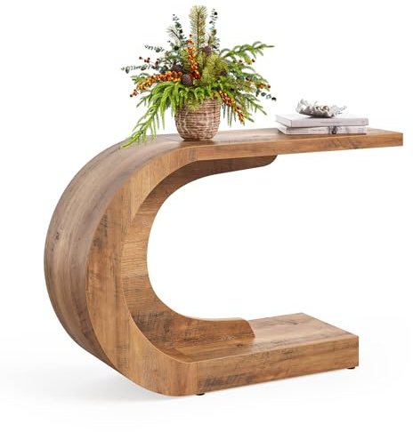 LITTLE TREE 43.3 Inches Farmhouse Console Table, 2-Tier C-Shaped Sofa Table Behind The Couch, Wooden Entryway Table Narrow Hallway Foyer Table for Living Room, Entrance, Brown