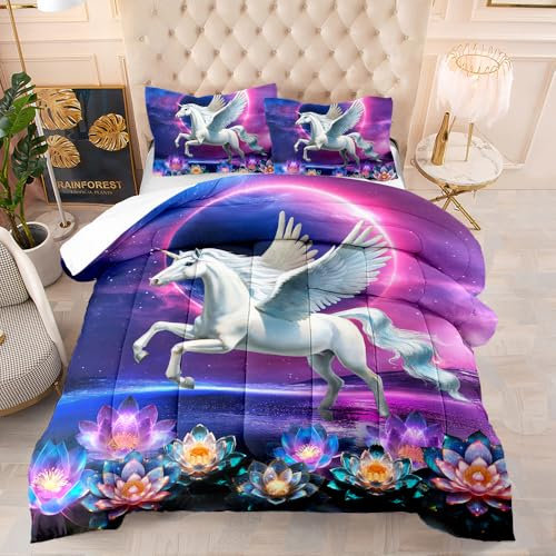 Bettdecke Lila Lotus Pferd Tagesdecke Weich Waschbar Bettdecke und Kissen Set Duvet Ganzjahresdecke Bettdecke Ohne Bezug Bett Decke Komfort Atmung Steppdecke 228x228 cm