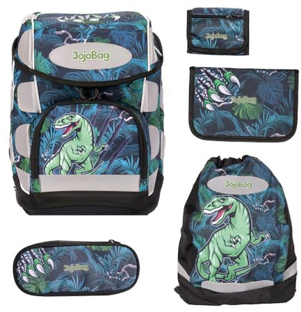JojoBag Schulranzen-Set I Ergonomischer Schulranzen für Jungen & Mädchen I Komplettset mit Federmäppchen, Sportbeutel & Geldbörse I Leicht & Reflektierend (Dino)