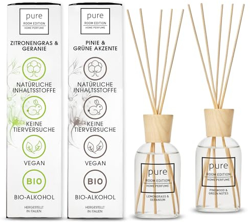 PURE ROOM EDITION 2x250ml Green & Clean Lufterfrischer Bad & Küche Raumduft | frisch, belebend, Deko, Diffuser mit Duftstäbchen, natürliche Inhaltstoffe, tierversuchsfrei, Zitronengras & Pinie