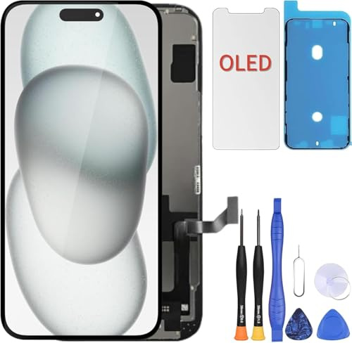 ZOETEC Remplacement d'écran OLED souple pour iPhone 15 Plus (PAS LCD) 6,7'' Affichage Full HD COF Écran tactile Numériseur Cadre Assemblé avec kits de réparation, Adhésif étanche, Verre trempé