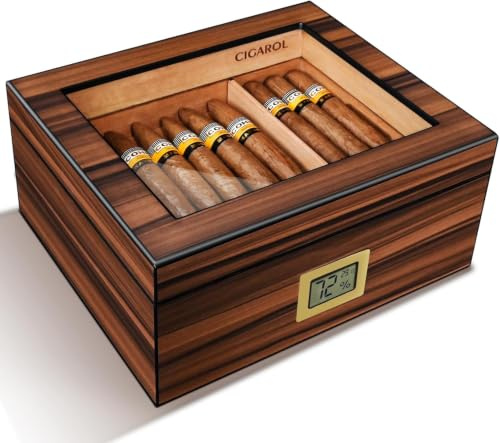 Volenx Cigar Humidor, Cedar Wood Humidor Cigar Box with Digital Hygrometer, Humidifiers, Glass-Topped Handcrafted Cigar Humidor Box for 30-50 Cigars