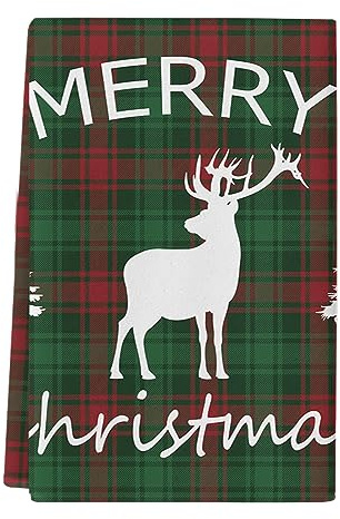 peiyeety Weihnachtliche Geschirrtücher, grün kariert, Rentier, wasserabsorbierend, Kiefer, Hirsch, Elch, Teetücher, Geschirrtücher zum Reinigen und Trocknen in der Küche, 1 Packung