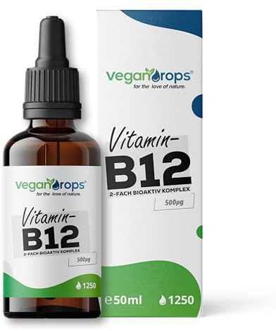 Vegan Drops® - Vitamin B12 Tropfen - 500mcg je Tropfen - Kombination aus Methyl- & Adenosylcobalamin - 1250 Tropfen, 50ml - vegan, ohne Alkohol & in Deutschland produziert