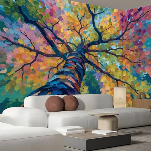 JEDTAKCT Papier Peint Peinture L'Huile Arbre Arc-En-Ciel Graffiti Abstraite 350X256Cm Papier Peint Panoramique 3D Grandes Poster Revêtement Mural Photo Bleu Jaune Pour Salon Chambre Décor Fond Tv