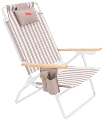 Flamingueo Silla Playa Plegable - Reclinable 5 Posiciones - Bolsillo Insulado Frío - Bolsillo para Móvil - Asas Mochila - Almohada Ergonómica - Aluminio y Poliéster - Beige