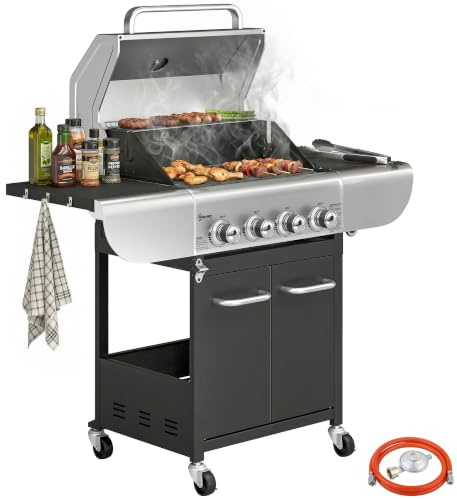 Outsunny Barbacoa de Gas con 4 Quemadores 12,8 kW con Termómetro Negro | Barbacoa Portátil, Mesas Laterales, Armario, Rejilla Calentadora, Parrillas de Hierro Fundido, Recogedor Grasa