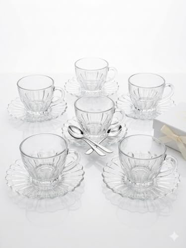 LA CASA DI EVA Tazze da Cappuccino e Tè in Vetro con Piattino. Set da 6, 22 cl, Design Floreale in Rilievo, Lavabili in Lavastoviglie