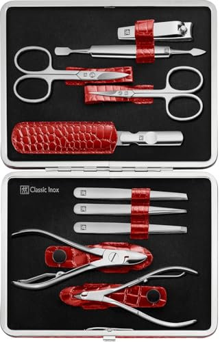 ZWILLING Maniküreset (10 Teilig, Komplettset für Finger- und Fußnägel, Echt Leder Etui mit Metallrahmen), Edelstahl Poliert, Kroko Edition, Rot
