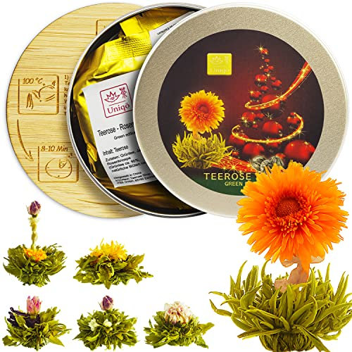 Tea Uniqo - Teeblumen Geschenkset zu Weihnachten, 6 Teerosen in Geschenk-Dose inkl. Untersetzer aus Bamboo, Grüner Tee mit Blüten