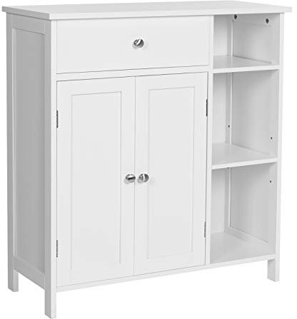 VASAGLE Meuble de Salle de Bain, Placard de Rangement, Armoire avec tiroir, 3 Compartiments Ouverts, étagères réglables, 2 Portes, 75 x 30 x 80 cm, Style Nordique scandinave, Blanc Mat BBC142W01
