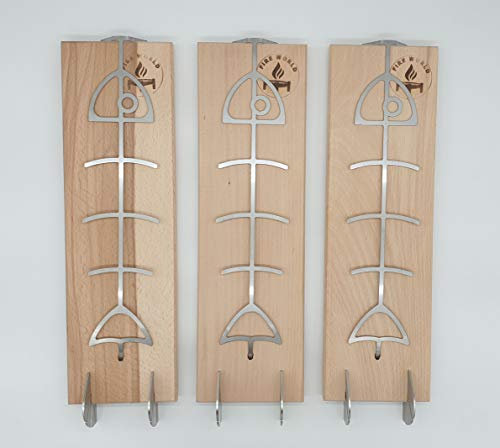 Fire World - Lot de 3 planches à saumon flammé - Planche à saumon flammé avec support en acier inoxydable - Planches à saumon en hêtre - Planche à saumon - Brasero - Planche à fumer - Fabriqué en