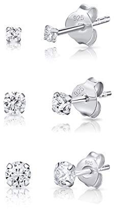DTPsilver - 3 Paar WINZIGE Ohrringe 925 Sterling Silber mit Cubic Zirkonia Runde Sehr KLEINE Ohrstecker - Durchmesser 2, 3, 4 mm - Weiß/klar CZ