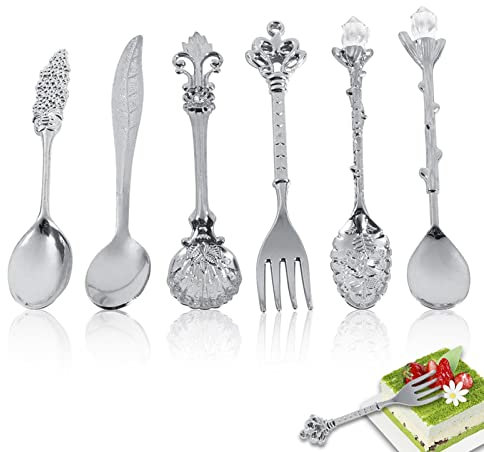 6 Piezas Tenedor de Cuchara de café de Metal Vintage, Retro Estilo real Juego de cubiertos de metal antiguo, Cubertería vintage de Aleación de zinc tallado para postre, Cuchara de Helado