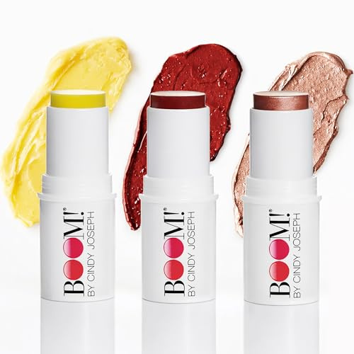 BOOM! by Cindy Joseph Cosmetics Boomstick Trio - 3 Pack Boom Makeup Sticks for Older Women & Mature Skin - Blush Stick, Highlighter Stick & Moisturizer