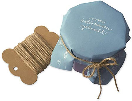 25 Marmeladendeckchen - vom Osterhasen gebracht - Gläserdeckchen blau weiß für Marmelade, Marmeladengläser & Einmachgläser, Recyclingpapier Abreißblock + 10 m Jute Garn + Justiergummi