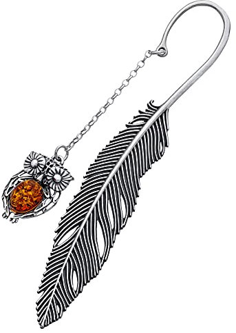 AMBEDORA Lesezeichen Sterling Silber Oxidiert Oval Baltischer Bernstein in Cognac Farbe Silber Eule Lesezeichen mit Bernstein L. 11,5 cm