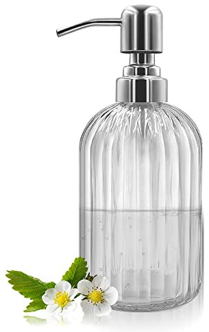Distributeur de Savon en Verre 304 g avec Pompe en Acier Inoxydable Rechargeable pour Salle de Bain, Cuisine, Plan de Travail, buanderie (Transparent)