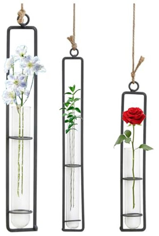 3 Piezas Florero Plantas Colgantes, Soporte de Planta de Aire de Metal Colgante, Decorativo Hierro Forjado, con Cuerda de Yute, Aplicar para Plantas Hidropónico(Negro)