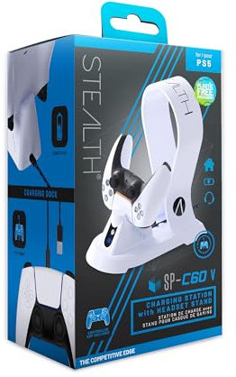 Stealth SP-C60 V White Charging Station with Headset Stand for PS5 Includes 2M Premium Braided Play and Charge Cable
