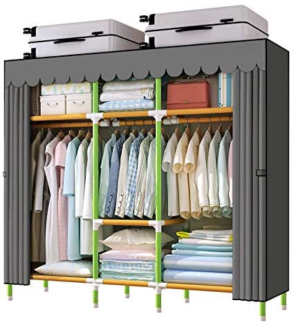 HESMENO Portable Wardrobe Storage Closet Colored Rod and Grey Cover Portable Closet Stroage Organizer, Quick and Easy to Assemble, Sturdy Strong and Durable 165x43x168cm