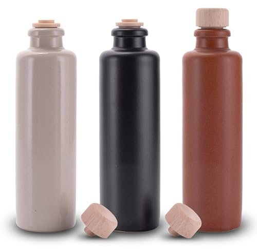 Lifestyle Lover Öl und Essig Set Steinzeug Keramik Spender Falsche Olivenöl Balsamico mit Ausgießer und Naturkorken 200ml (3er Pack Beige, Schwarz, Braun Blanko)