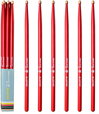 Bluefire 5A Drumsticks - 6 Sticks (3 Pairs), American Hickory with Acorn Tip, Weight Matched for Consistent Feel & Balance, Perfect for Practice and Performance (Red)