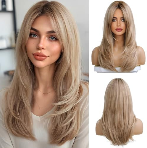 OUFEI Ombre Blonde Perücke mit Pony Lange Gerade Perücken für Frauen Geschichtete Perücken Synthetisches Hitzebeständige Perücken für Tägliche Party Cosplay Tragen