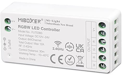 LGIDTECH FUT038S RGBW LED-Streifen-Lichtsteuerung, DC 12~24V, max Ausgangsleistung 12A,unterstützt alten und neuen dynamischen Modus,App-Steuerung über WL-Box2 Gateway (nicht enthalten)
