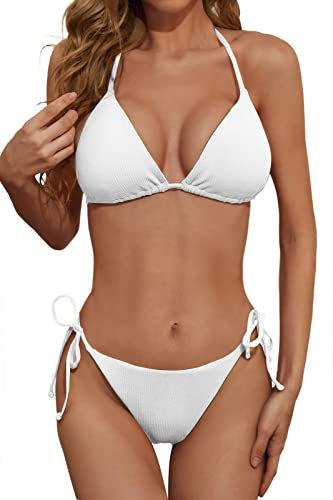 Zuvebamyo Damen Zweiteiliges Bikini Badeanzug Set – Sexy Ripp-Optik Triangle Top, Badeanzüge mit Bindebändern, Cheeky Bikini Sets, Weiss/opulenter Garten, Medium