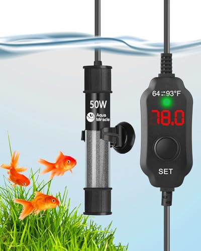 AquaMiracle Chauffage Aquarium Réglable 50W Chauffage Submersible pour Aquarium Super Court avec Affichage Numérique LED pour Réservoirs de 10L
