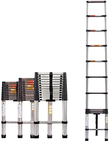 3.2M Foldable Ladders Telescopic Stainless steel Extendable Extension 11 Steps150kg Max. Capacity EN131 Portable Loft Attic for Business Home Work DIY Builder