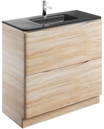 Go Bathrooms Eaton Pale Oak 900mm Floor Standing Vanity Unit Inc Grey Glass Basin Under Sink Vanity Unit Bathroom Cabinet Storage Vanity Sink
