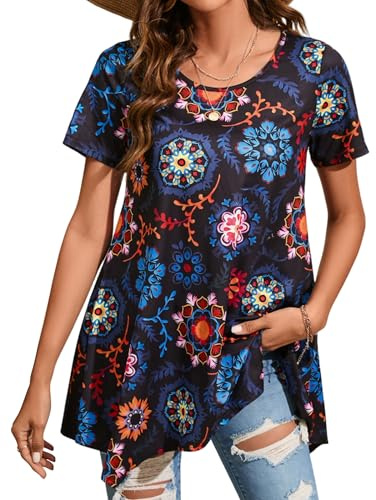Enmain Tunic Tops for Women UK Summer Short Sleeve Swing T Shirt Plus Size Ladies Tunics for Leggings Hanky Hem Casual Loose Round Neck Black Blue Blouse T-Shirts XXL