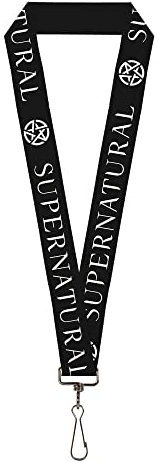 Buckle-Down Supernatural Schlüsselband, Supernatural Text und Pentagramm schwarz weiß elastisch, Schwarz