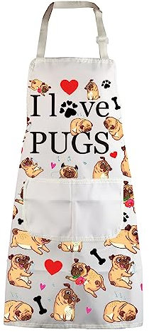 Mops-Schürzen, Mops-Liebhaber, Geschenke, Mops, Küche, Kochschürze mit Taschen, I Love Mops-Schürze, wasserdichte Geschenke für Mopsbesitzer, Mutter, Schürze mit Aufschrift I Love Pugs, Standard