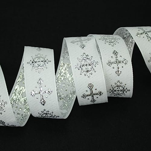 CINTAS JACQUARD DE MOTIVOS LITÚRGICOS DE CÁLIZ Y CRUZ CON HILOS DE LÚREX (1 METRO, 3cm - PLATA)